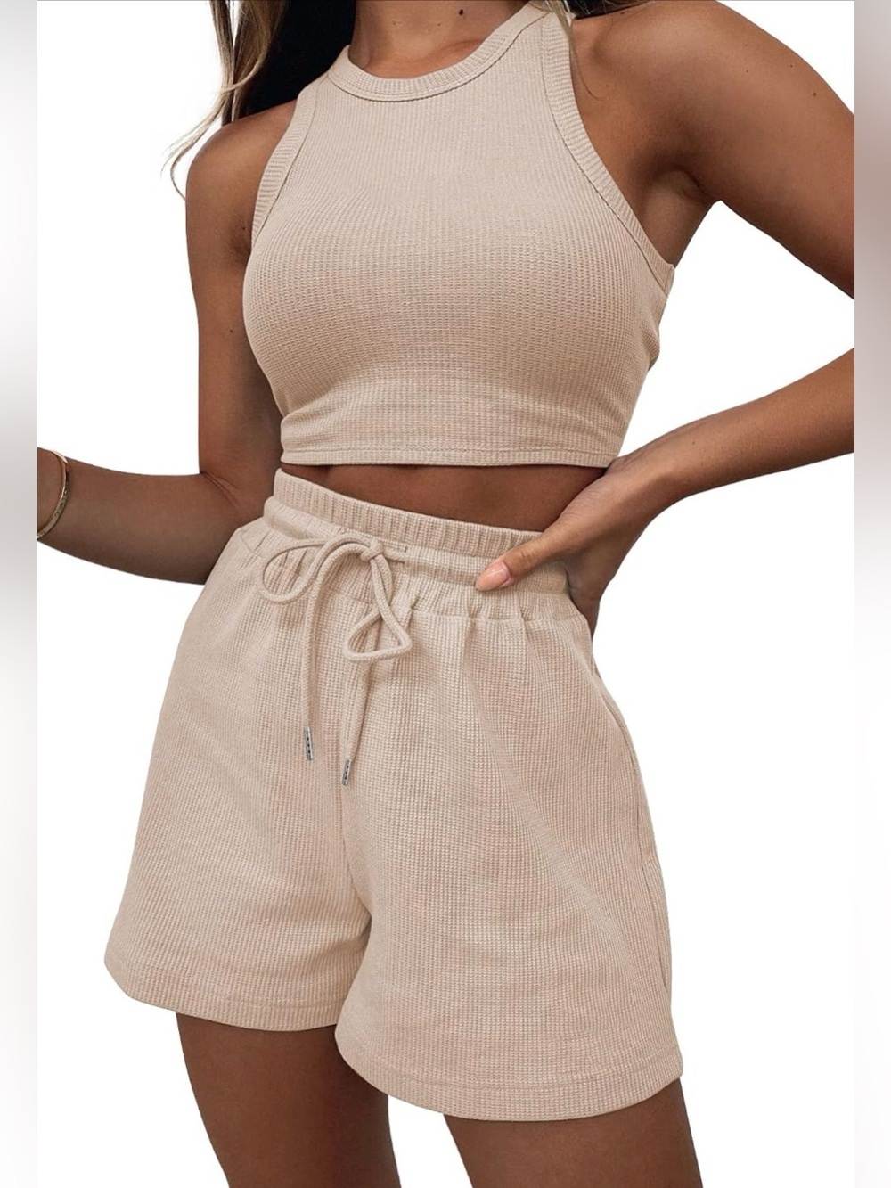 Beige Waffle Knit Lounge Set